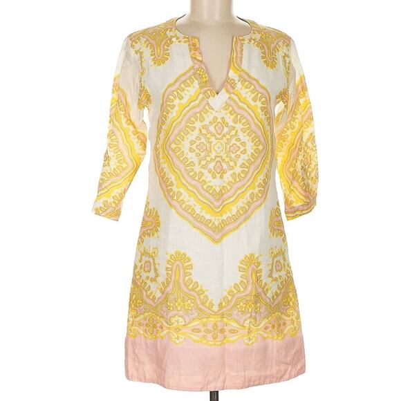J.Crew Linen Boho Tunic Dress Women’s Size 2 Pink Yellow Ivory 3/4 Sleeve Lined - Picture 3 of 8